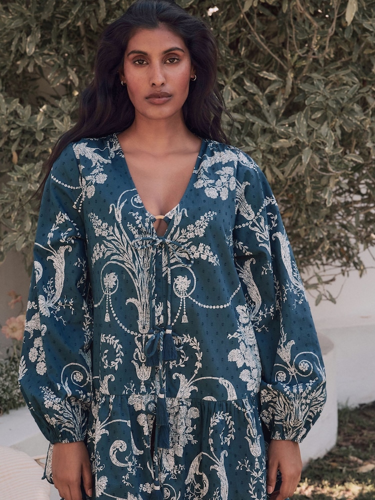 Laura Ashley Navy Josette Cotton Tie Front Beach Cover-Up - Image 2 of 8