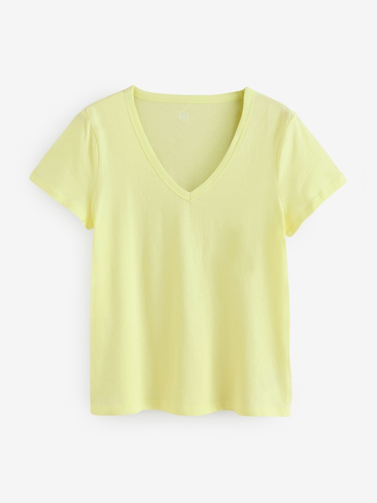 Gap Yellow V-Neck Favourite Cotton Short Sleeve T-Shirt - Image 1 of 4 Gap Yellow V-Neck Favourite Cotton Short Sleeve T-Shirt - Image 1 of 4