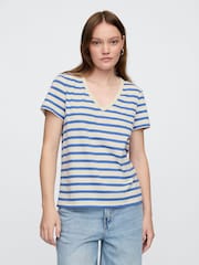 Gap Blue V-Neck Favourite Cotton Short Sleeve Striped T-Shirt - Image 1 of 4