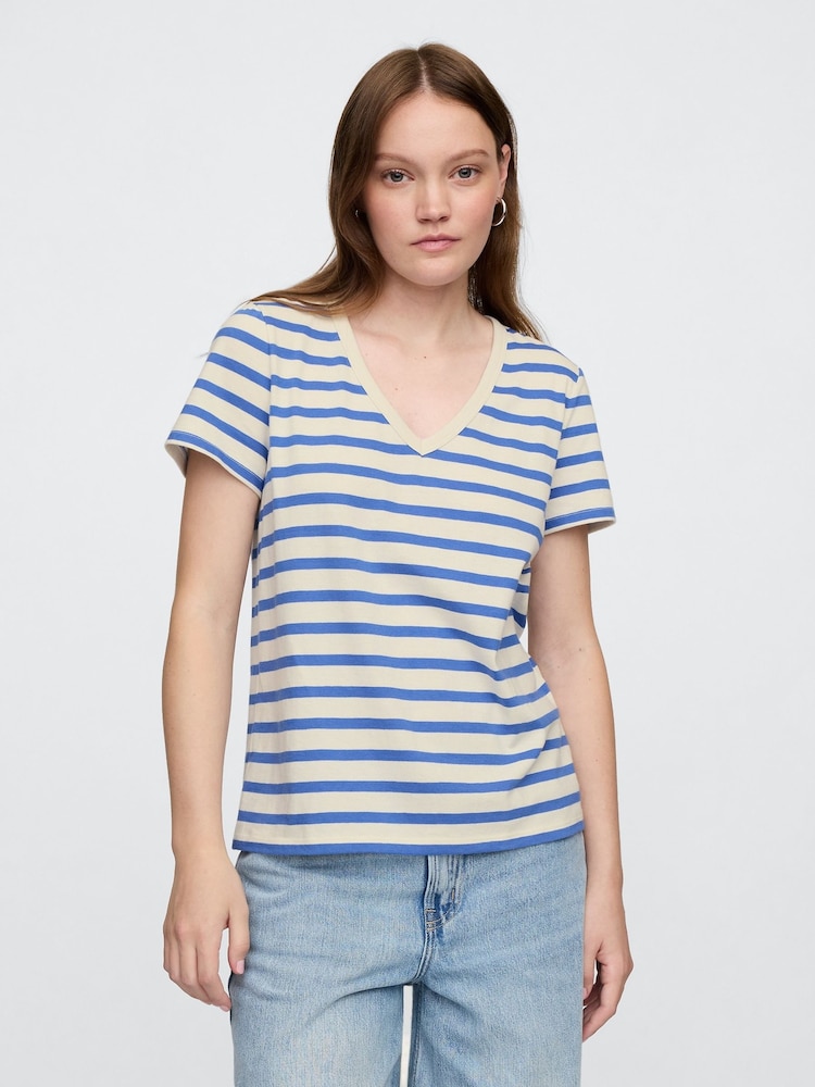 Gap Blue V-Neck Favourite Cotton Short Sleeve Striped T-Shirt - Image 1 of 4 Gap Blue V-Neck Favourite Cotton Short Sleeve Striped T-Shirt - Image 1 of 4