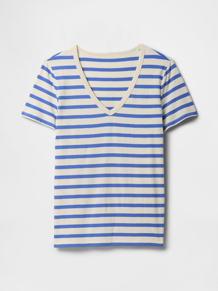 Gap Blue V-Neck Favourite Cotton Short Sleeve Striped T-Shirt - Image 4 of 4 Gap Blue V-Neck Favourite Cotton Short Sleeve Striped T-Shirt - Image 4 of 4