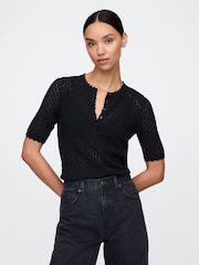Gap Black Linen-Blend Pointelle Henley Top - Image 1 of 5