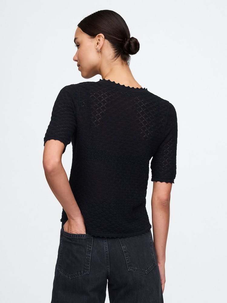Gap Black Linen-Blend Pointelle Henley Top - Image 2 of 5