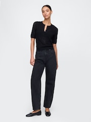 Gap Black Linen-Blend Pointelle Henley Top - Image 3 of 5