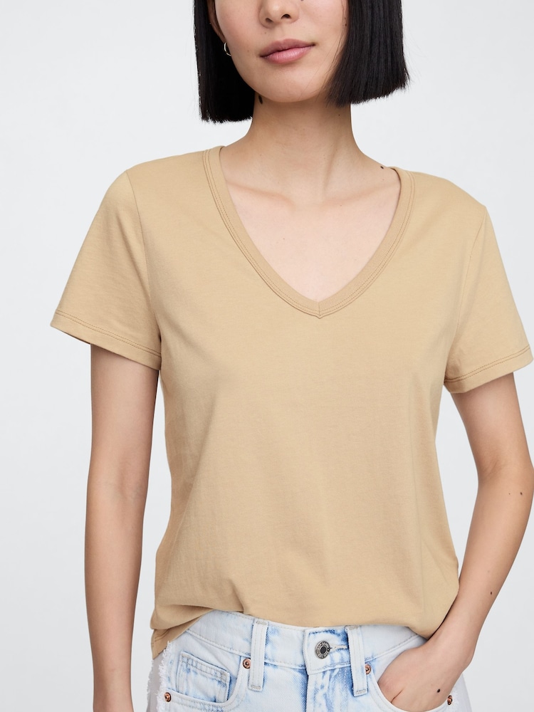 Gap Beige V-Neck Favourite Cotton Short Sleeve T-Shirt - Image 4 of 5