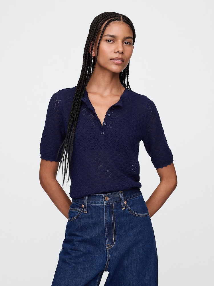 Azul marino - Top de punto calado en mezcla de lino con cuello henley de Gap - Imagen 1 de 5