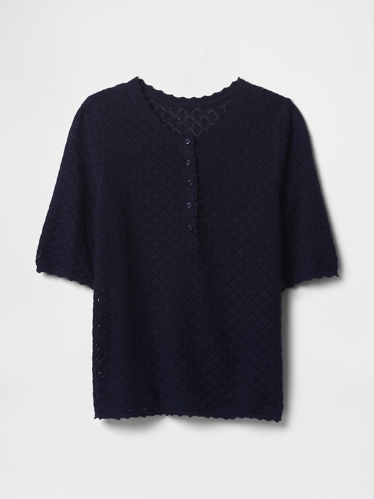 Gap Navy Blue Linen-Blend Pointelle Henley Top - Image 4 of 5