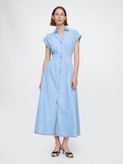 Голубой - Gap Denim Pleated Midi Shirt Dress - Image 1 of 7