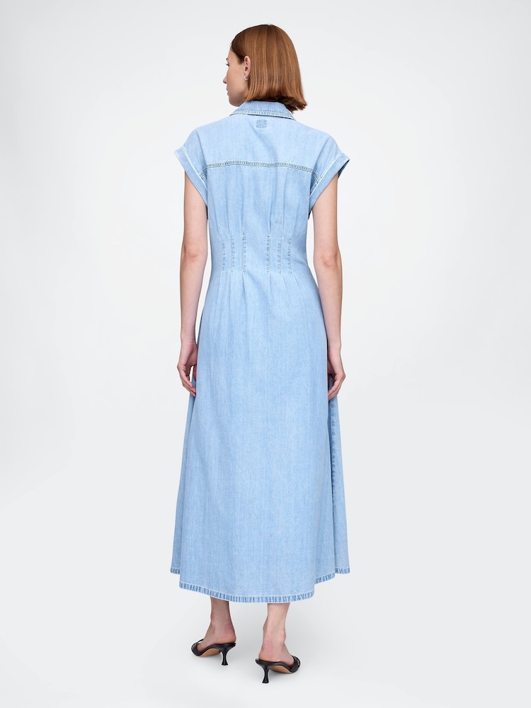 Голубой - Gap Denim Pleated Midi Shirt Dress - Image 2 of 7