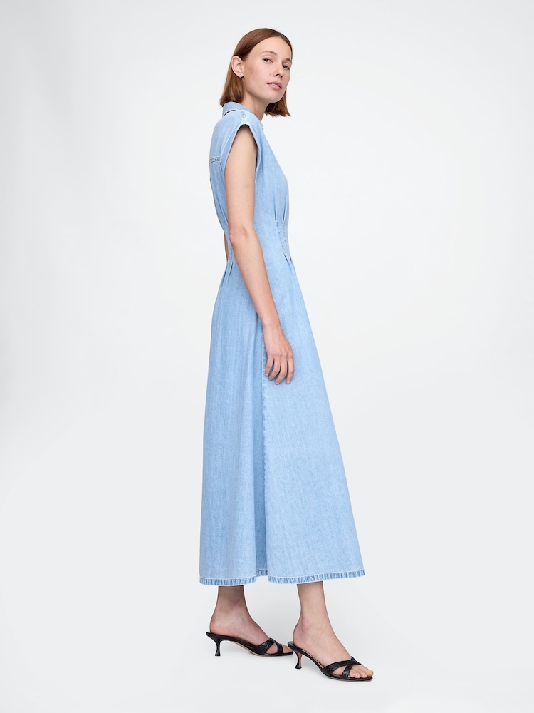 Gap Light Blue 100% Cotton Pleated Denim Midi Shirt Summer Dress - Image 3 of 7