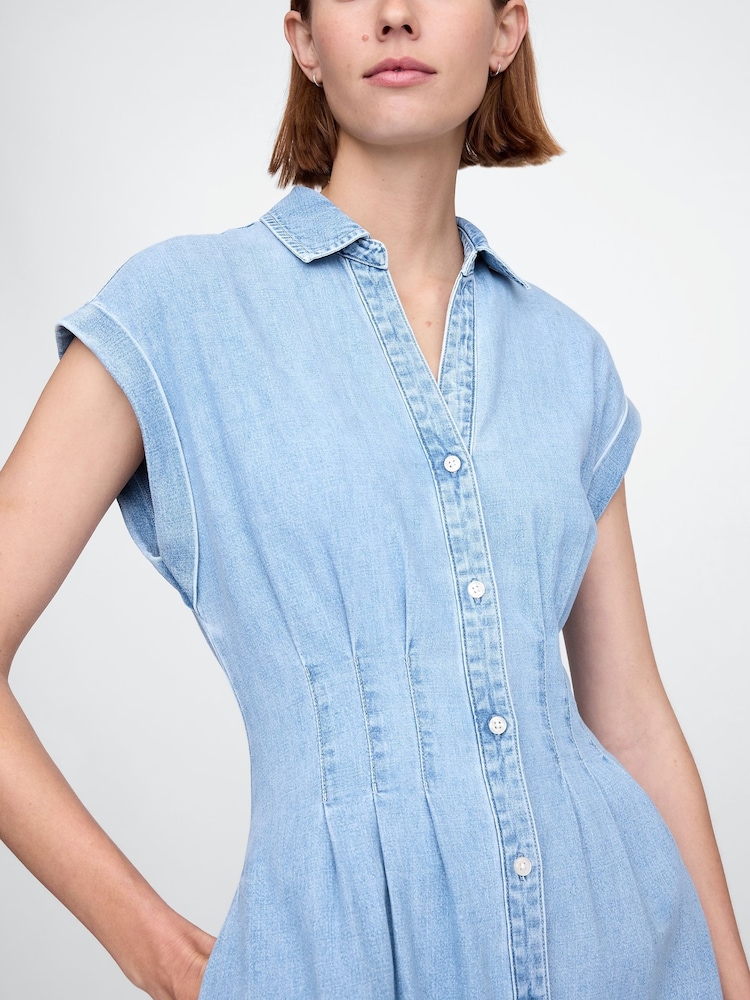 Gap Light Blue 100% Cotton Pleated Denim Midi Shirt Summer Dress - Image 4 of 7