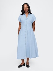 Голубой - Gap Denim Pleated Midi Shirt Dress - Image 5 of 7