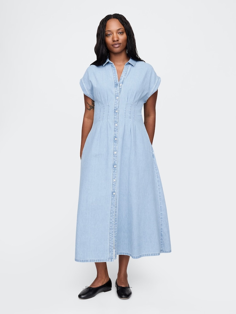 Gap Light Blue 100% Cotton Pleated Denim Midi Shirt Summer Dress - Image 5 of 7