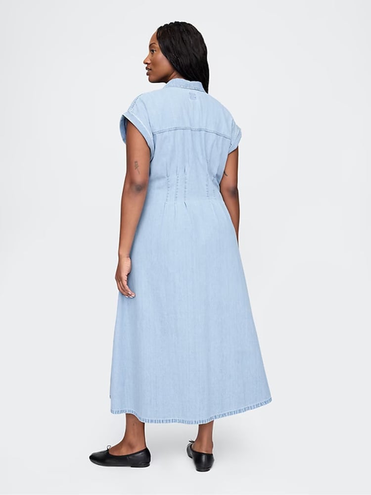 Gap Light Blue 100% Cotton Pleated Denim Midi Shirt Summer Dress - Image 6 of 7