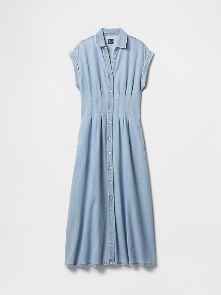 Голубой - Gap Denim Pleated Midi Shirt Dress - Image 7 of 7