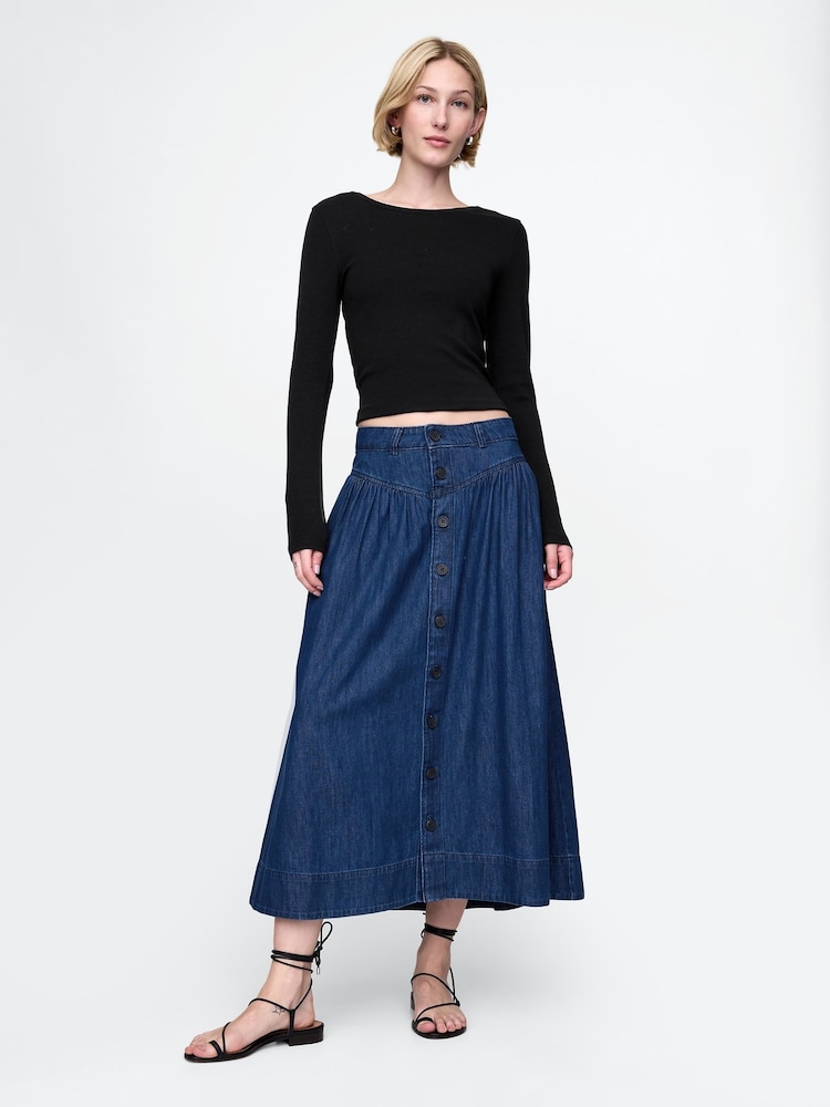 Gap Blue Denim Western Yoke Midi Skirt - Image 1 of 5