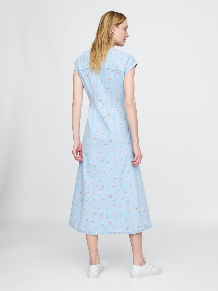 Gap Blue Floral Pleated Denim Midi Dress - Image 2 of 7
