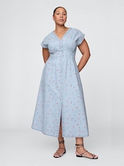 Gap Blue Floral Pleated Denim Midi Dress - Image 4 of 7