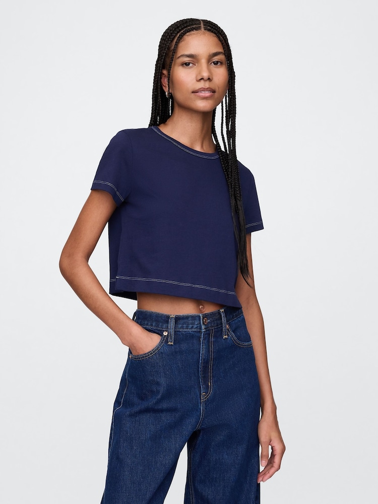 Gap Denim Blue Cotton Cropped T-Shirt - Image 1 of 5