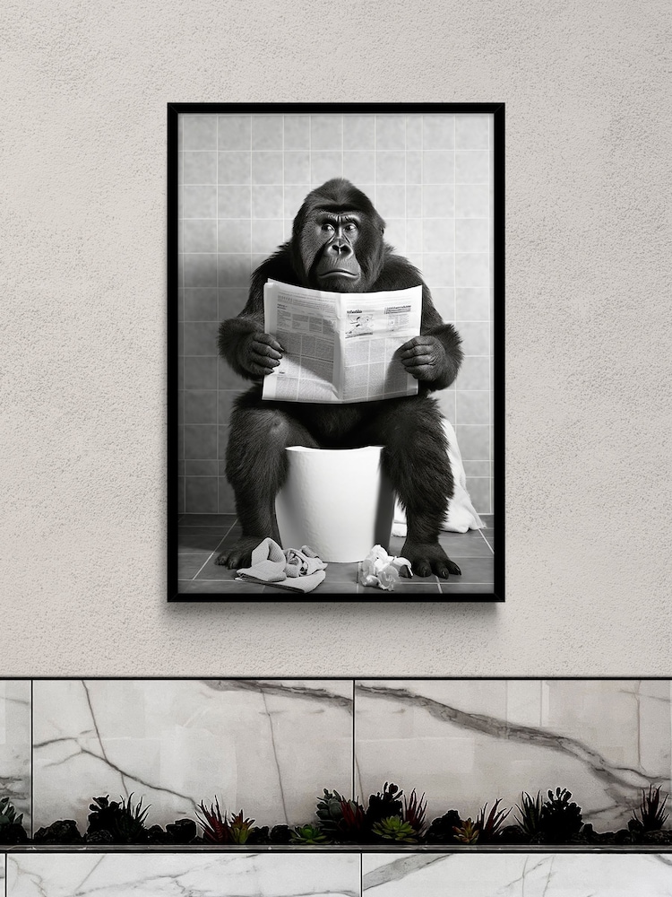 Artko Black Bathroom Gorilla by Moonshine Prints Framed Art - Image 1 of 3