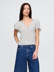 Gap Blue Crepe Flutter-Sleeve Top - Image 1 of 5