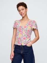 Gap White Floral Crepe Flutter-Sleeve Top - Image 1 of 5