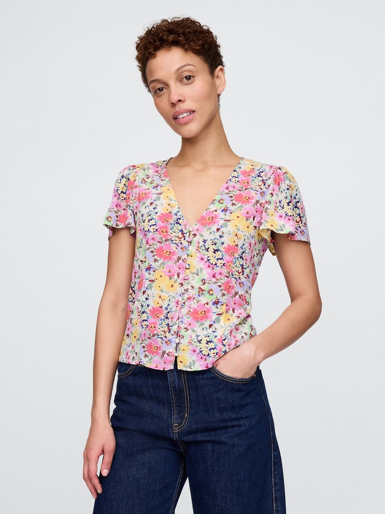 Gap White Floral Crepe Flutter-Sleeve Top - Image 1 of 5 Gap White Floral Crepe Flutter-Sleeve Top - Image 1 of 5