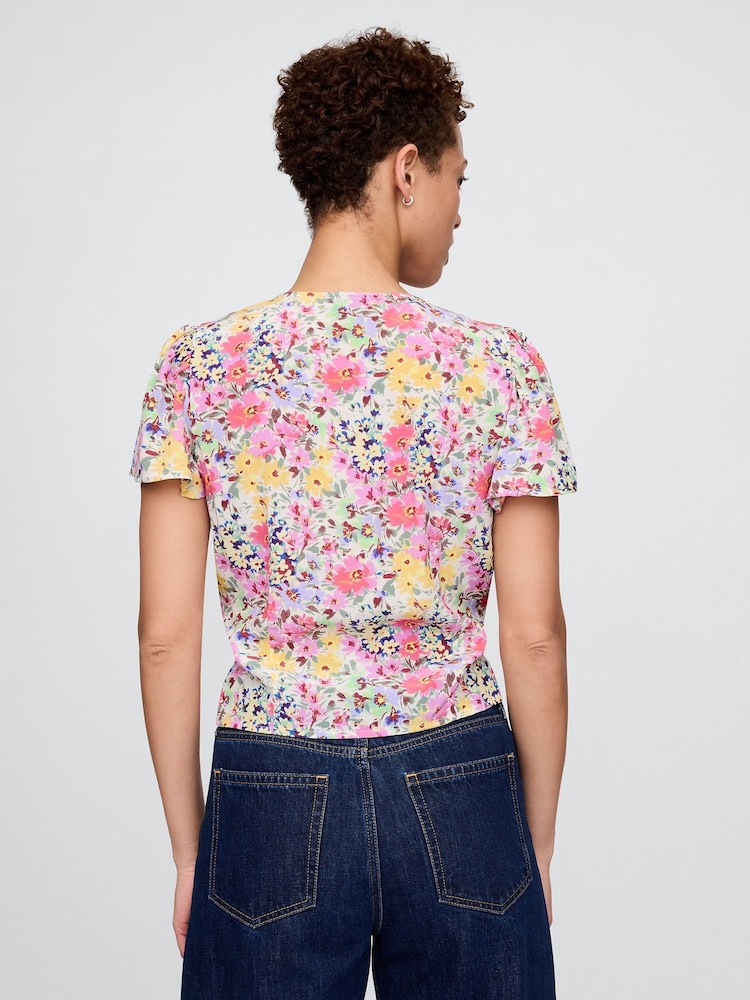 Gap White Floral Crepe Flutter-Sleeve Top - Image 2 of 5