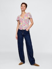 Gap White Floral Crepe Flutter-Sleeve Top - Image 3 of 5