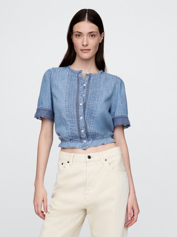 Gap Blue Lace-Trim Cropped Denim Top - Image 1 of 5