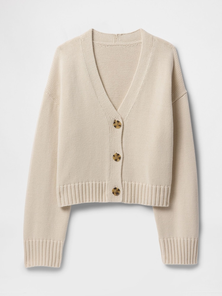 Gap Beige 100% Cotton V Neck Cropped Cardigan - Image 4 of 5