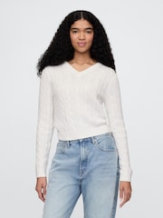 Gap White Classic Cable-Knit V Neck Jumper - Image 1 of 4