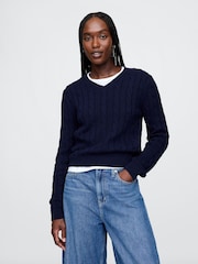 Gap Navy/Blue Classic Cable-Knit V Neck Jumper - Image 1 of 5