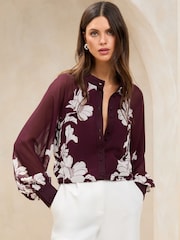 Lipsy Burgundy Red Long Sleeve Grandad Collar Blouse - Image 1 of 5