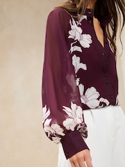 Lipsy Burgundy Red Long Sleeve Grandad Collar Blouse - Image 2 of 5
