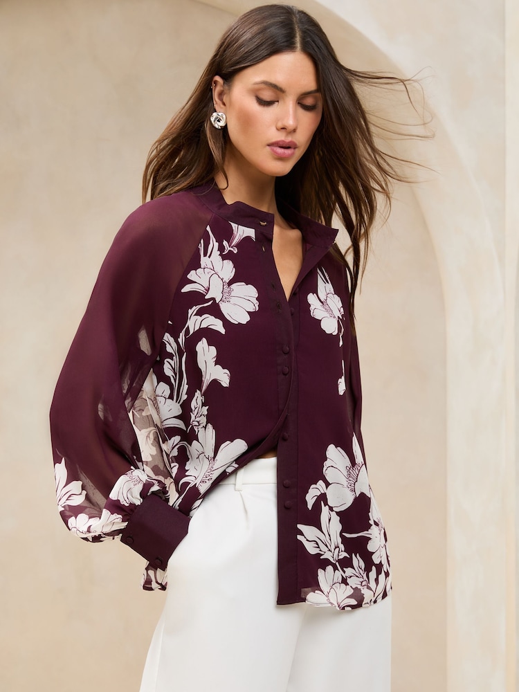 Lipsy Burgundy Red Long Sleeve Grandad Collar Blouse - Image 4 of 5