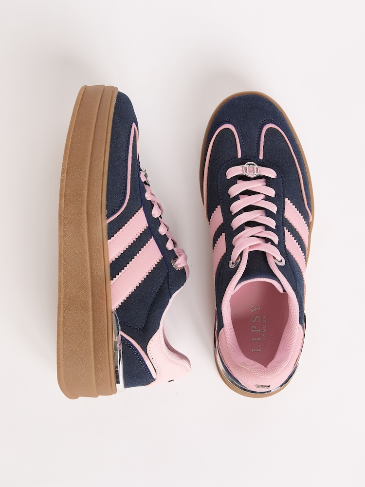 Lipsy Navy Standard Fit Pink Stripe Chunky Gum Trainers - Image 1 of 5