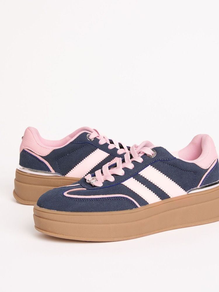 Lipsy Navy Standard Fit Pink Stripe Chunky Gum Trainers - Image 2 of 5