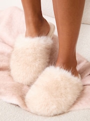 Lipsy Cream Faux Fur Ultra Fluffy Close Toe Mule Nightwear Mule Slippers - Image 1 of 5