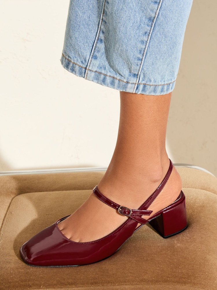 Friends Like These Burgundy Red Patent Slingback MaryJane Low Block Heel Court Shoes - Image 2 of 5