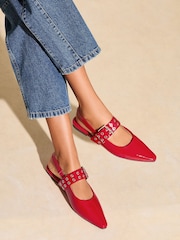 Friends Like These Red Buckle Slingback Pointed Toe Faux Patent Leather Ballerina Shoes - Image 1 of 5