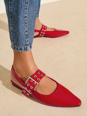 Friends Like These Red Buckle Slingback Pointed Toe Faux Patent Leather Ballerina Shoes - Image 2 of 5