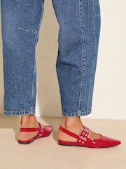 Friends Like These Red Buckle Slingback Pointed Toe Faux Patent Leather Ballerina Shoes - Image 4 of 5