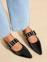 Friends Like These Black Buckle Slingback Pointed Toe Faux Patent Leather Ballerina Shoes - Image 1 of 5