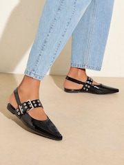 Friends Like These Black Buckle Slingback Pointed Toe Faux Patent Leather Ballerina Shoes - Image 2 of 5