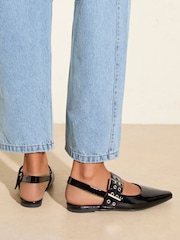 Friends Like These Black Buckle Slingback Pointed Toe Faux Patent Leather Ballerina Shoes - Image 3 of 5
