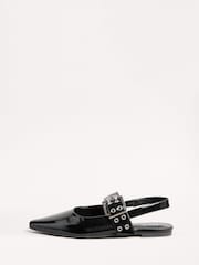 Friends Like These Black Buckle Slingback Pointed Toe Faux Patent Leather Ballerina Shoes - Image 5 of 5