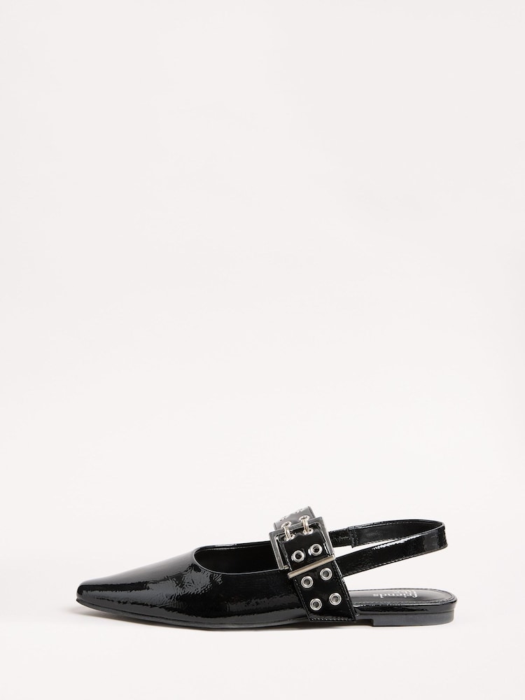 Friends Like These Black Buckle Slingback Pointed Toe Faux Patent Leather Ballerina Shoes - Image 5 of 5