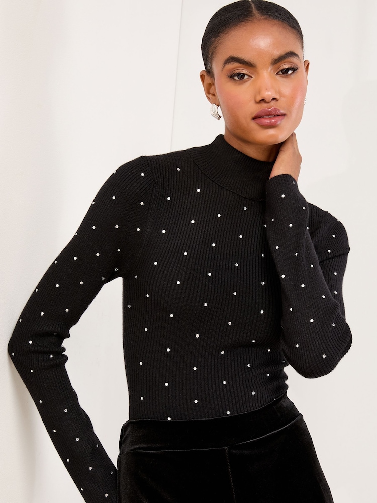 Lipsy Black Hotfix Knitted Roll Neck Jumper - Image 1 of 4