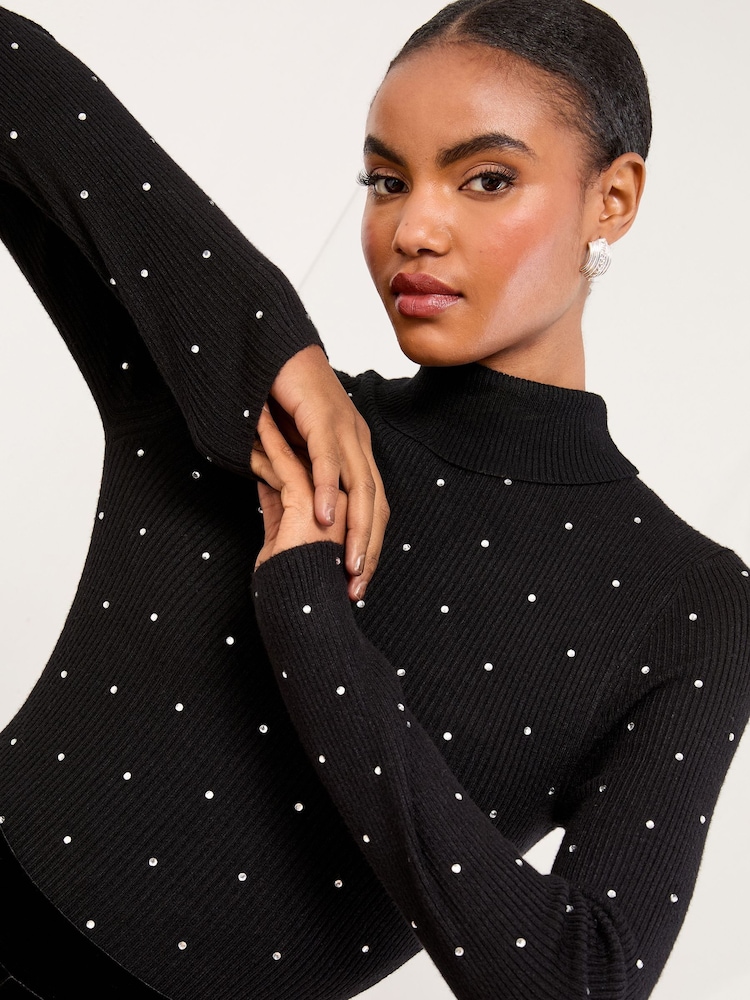 Lipsy Black Hotfix Knitted Roll Neck Jumper - Image 2 of 4